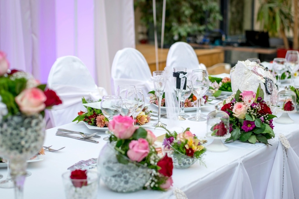 Floral centerpieces on a celebration table